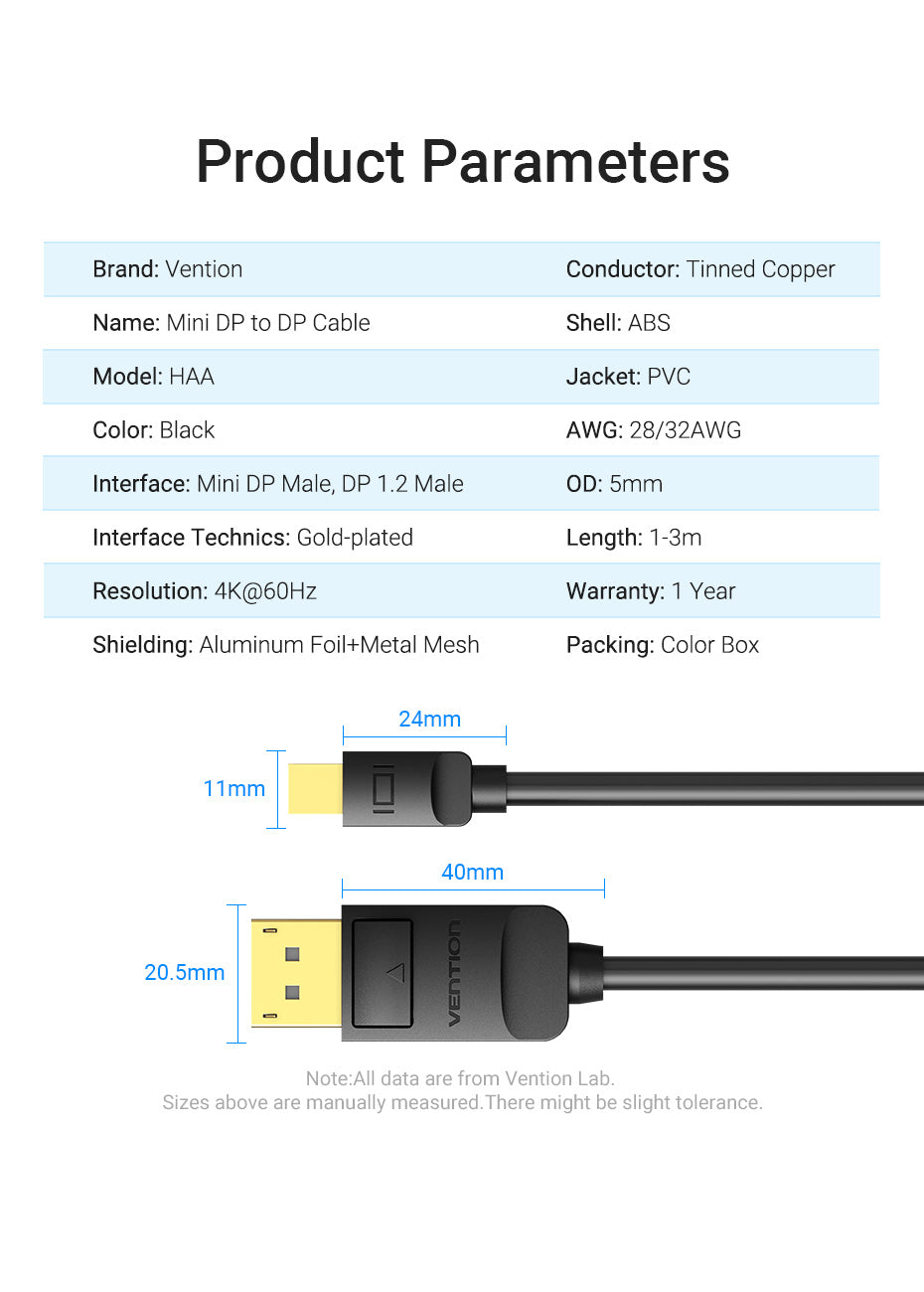 Vention 4K/60Hz Mini DP to DP Gold Plated 2-Meters (HAA) Displayport Cable for TV, PC, Projectors, Laptops, Macbook, iMac (Available in Different Lengths)