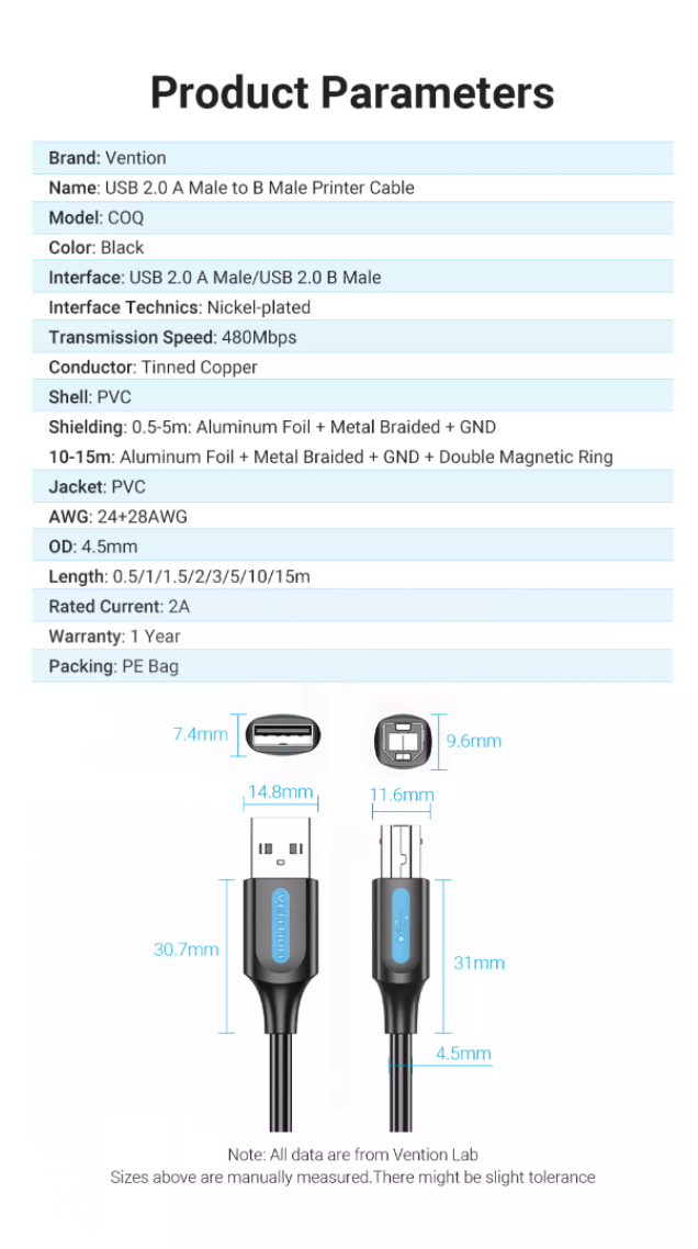 Vention USB 2.0 A Male to B Male 480Mbps Printer Cable (COQ) Black (Available in Different Lengths)