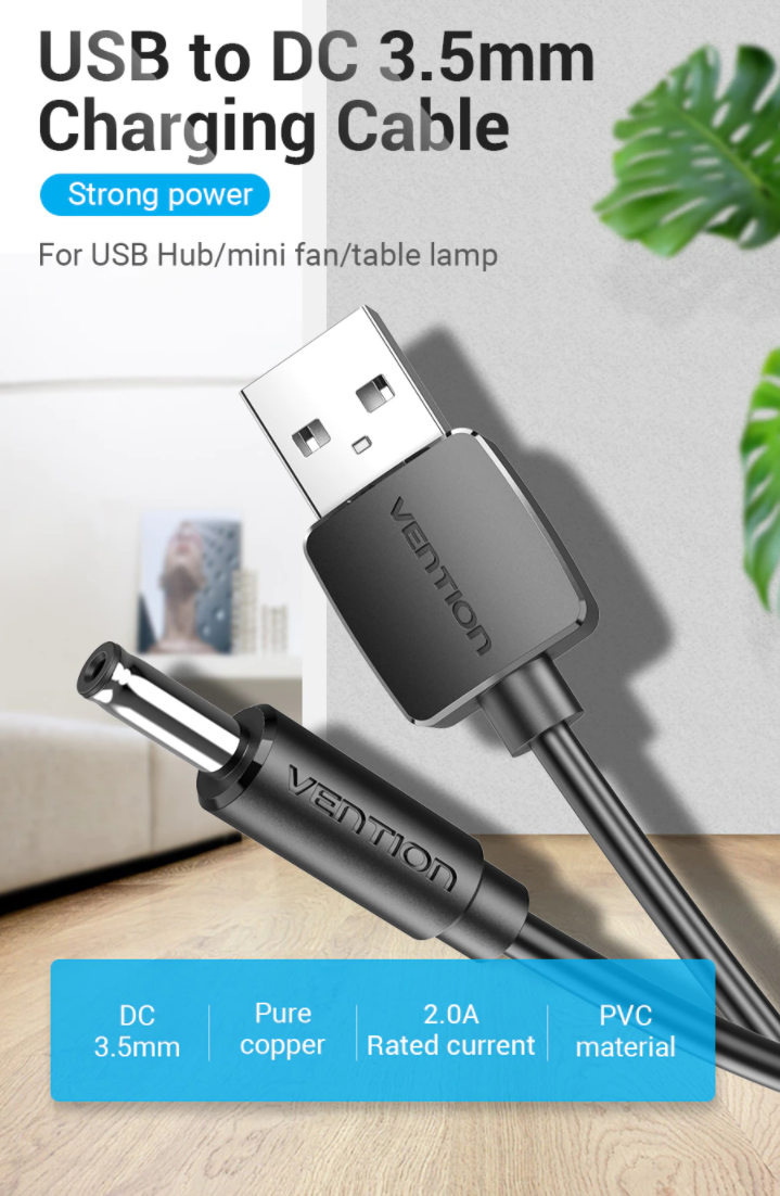 Vention USB Type A to 3.5mm x 1.35mm Barrel Jack with 5V DC Power Cable (0.5M, 1M, 1.5M) (White and Black) | CEXB, CEXW