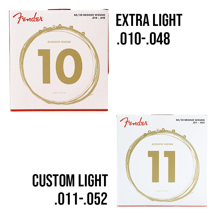 Fender 80/20 6-String Bronze Acoustic Guitar Strings with Ball-Ends (Available in Custom Light and Extra Light Gauge)
