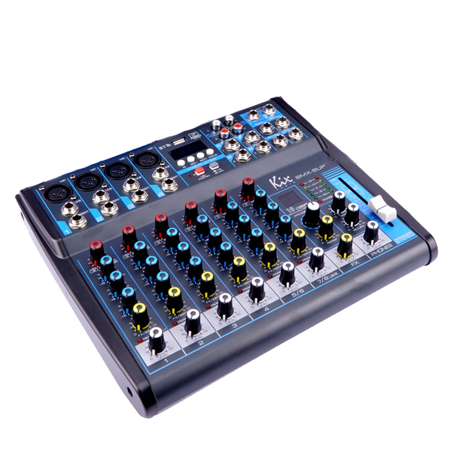 KEVLER Kix Audio 8 Channel Compact Bluetooth Audio Mixer with 4 Microphone/Line, 2 Stereo Input, LED Display, 3 Band EQ with USB and MP3 Playback and Record Function and 16 DSP Effects | BMX-8UP