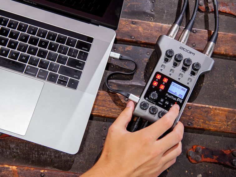 Zoom Podtrak P4 Podcast Voice Recorder with Customizable Sound Pads for Podcast and Remote Interviews