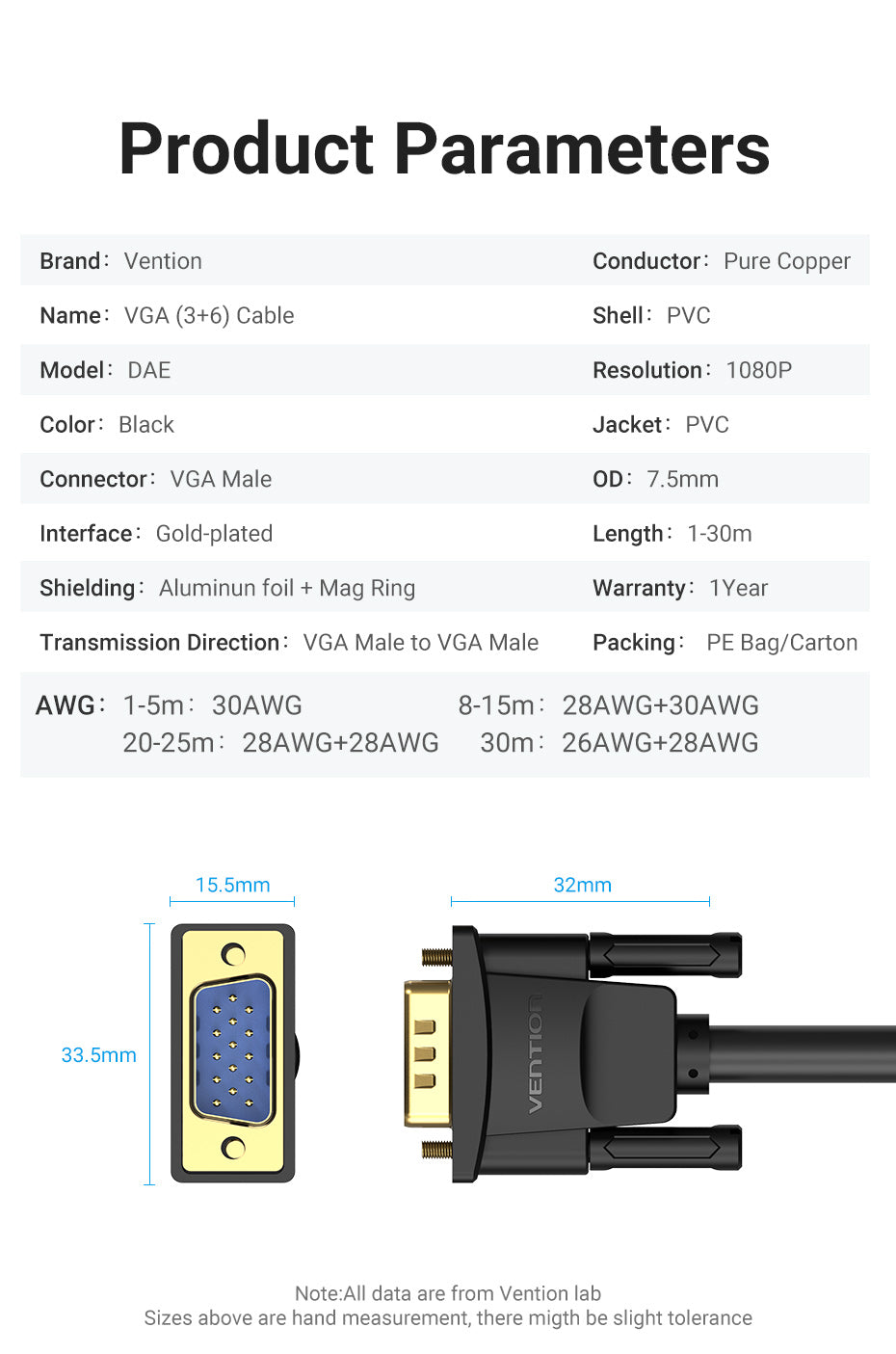 Vention 1080p VGA Cable (3+6) 5-Meters Male to Male Gold Plated (DAE) HD Video Connector for TV PC Projector