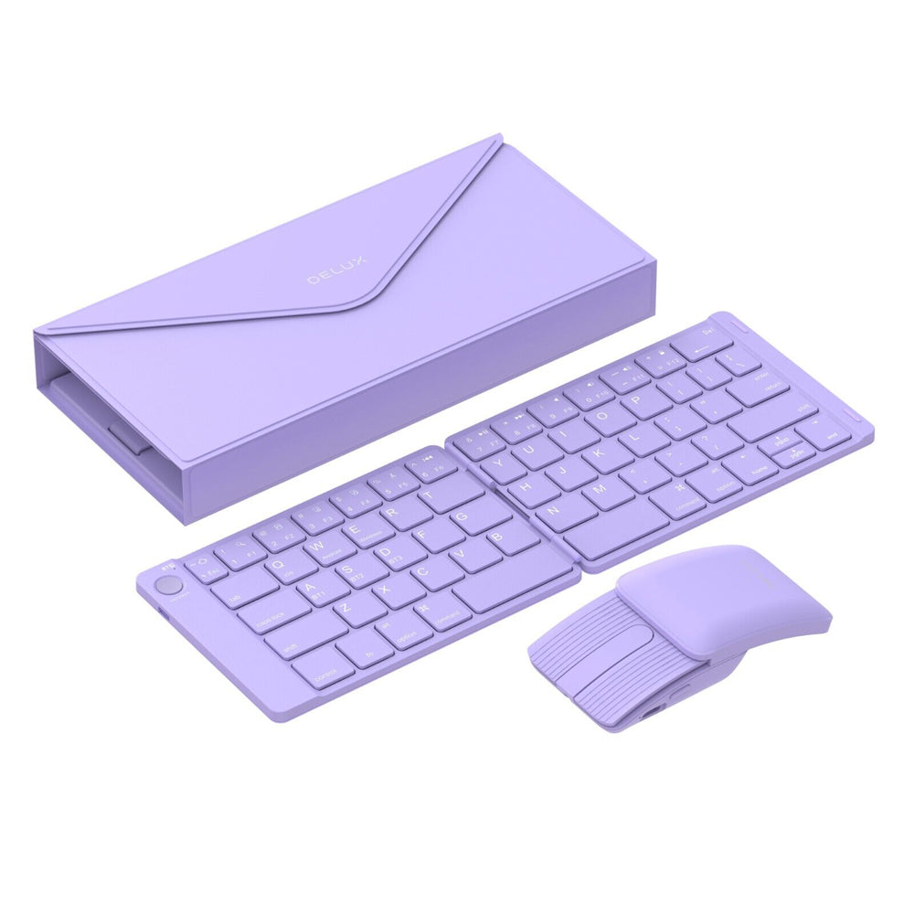 Delux PockCombo KF10 and MF10 Pro Wireless Ultra-Slim Foldable Bluetooth 5.1 Keyboard and Sliding Mouse with Leather Bag, Touch Panel, 64 US Standard Keys and Scissor Keycaps, and 3 Buttons with Silent Click for Windows and macOS