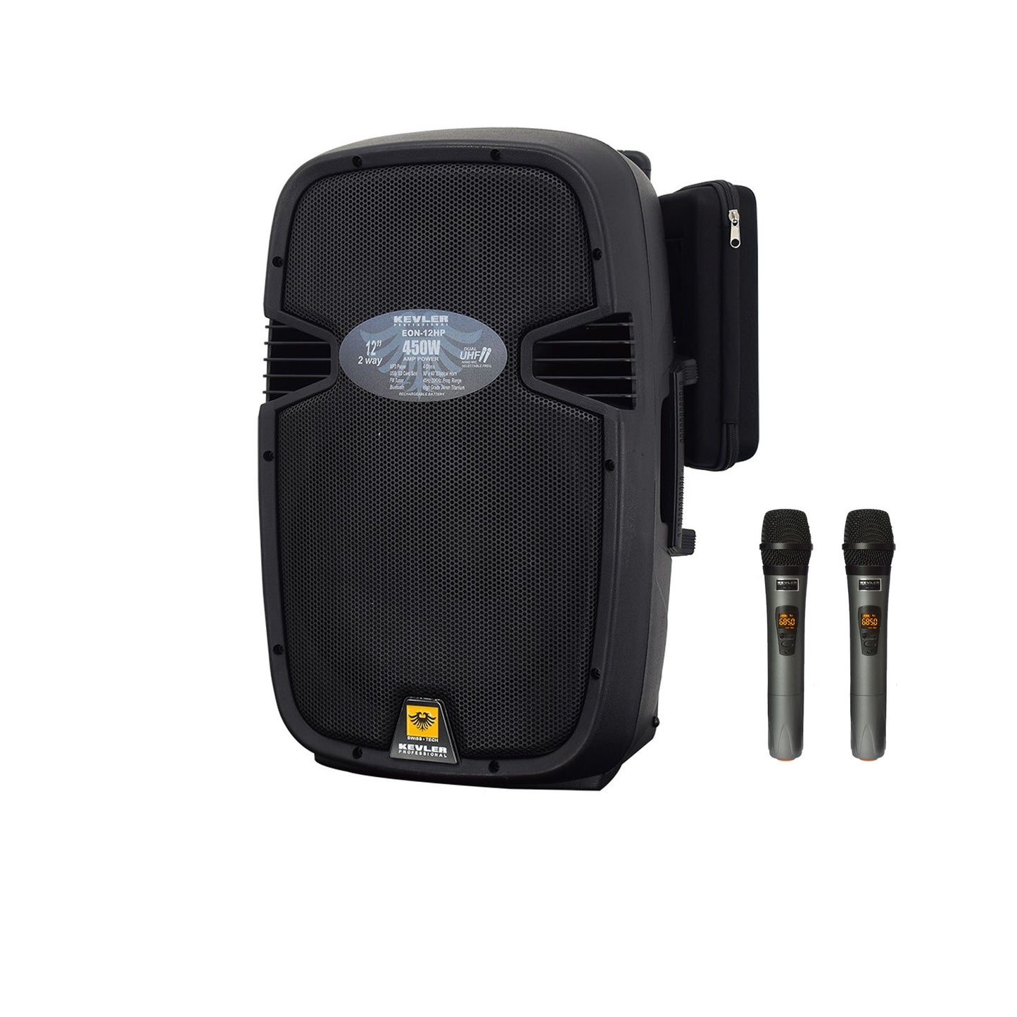 KEVLER EON-12HP 12" 450W 2-Way Full Range Active Loud Speaker with LCD Display and Class D Amplifier, USB Port/Bluetooth/FM Function, Mic Line, RCA and XLR I/O and 2 Wireless Microphones with Rechargeable Battery