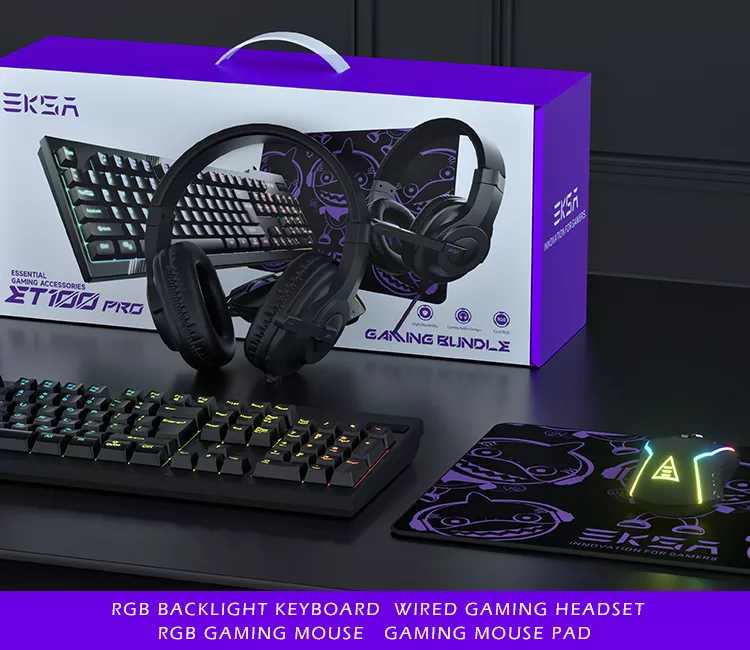 EKSA ET100 Pro Essential Gaming Bundle Accessories RGB Mouse and USB Keyboard with 3.5mm Wired Headset and Mousepad