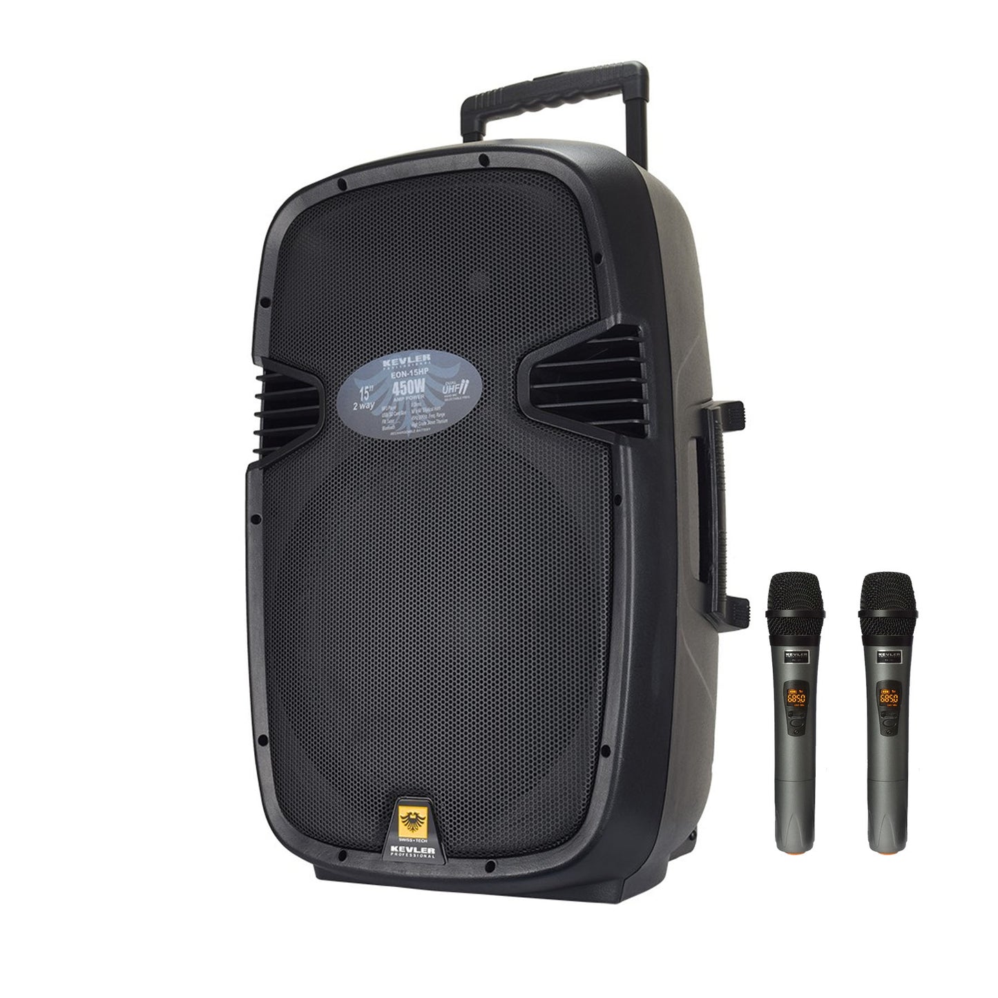 KEVLER EON-15HP 15" 450W 2-Way Full Range Active Loud Speaker with LCD Display and Class D Amplifier, USB Port/Bluetooth/FM Function, Mic Line, RCA and XLR I/O and 2 Wireless Microphones with Rechargeable Battery