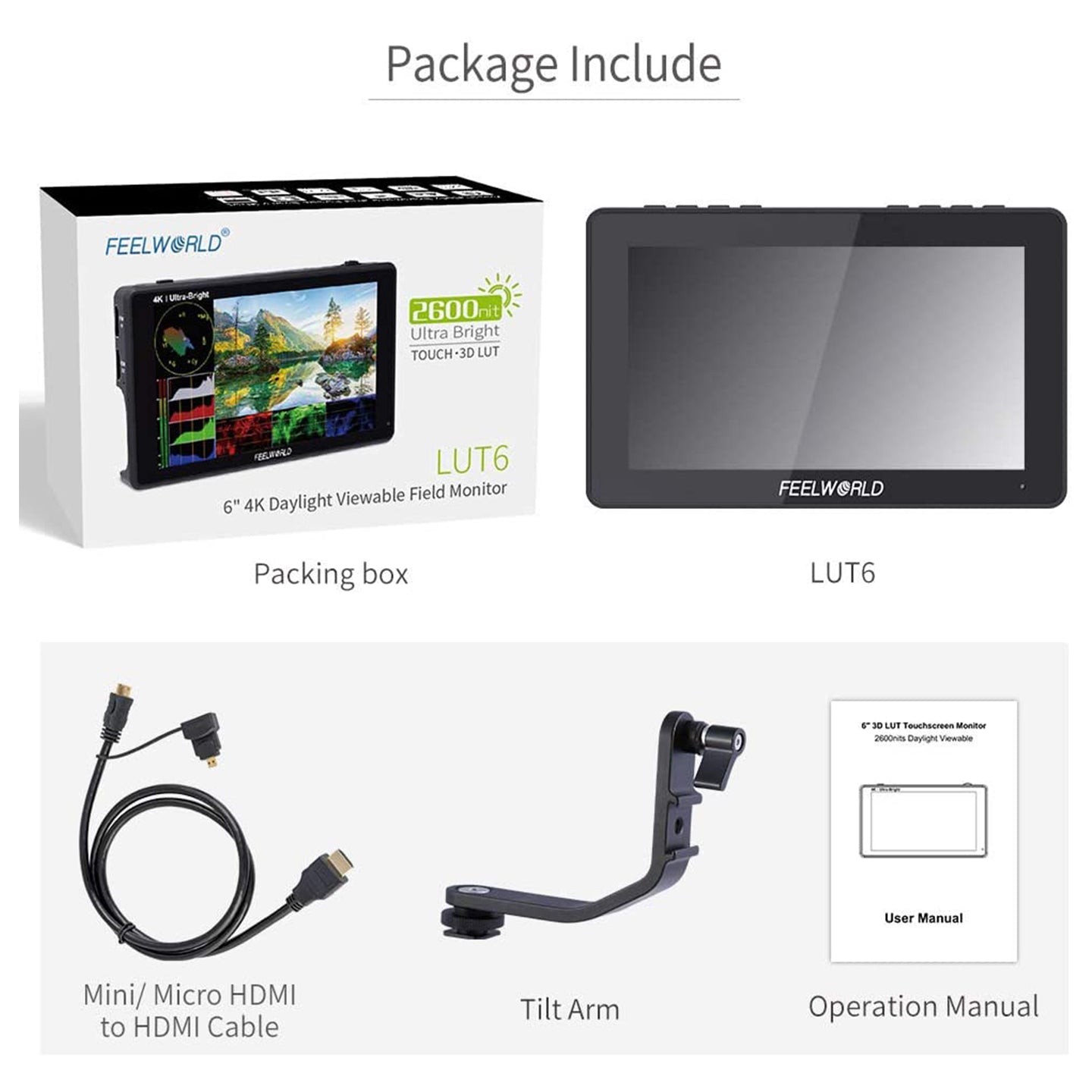 Feelworld LUT6 6" Touchscreen Camera Field Monitor 1920 x 1080 Resolution with Tilt Arm, 4K HDMI In / Out, 2600 nits Ultra Bright, HDR 3D LUTs