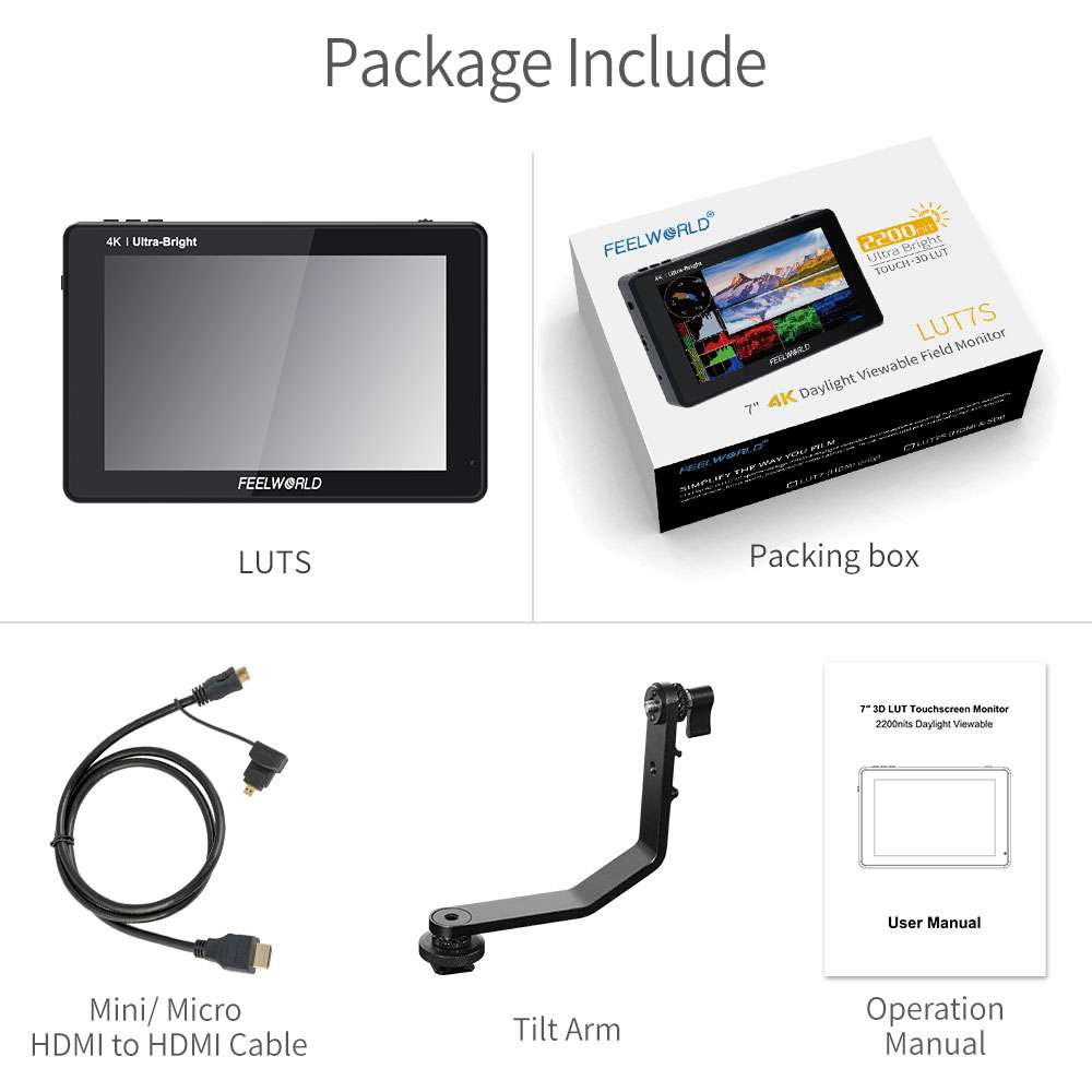 Feelworld LUT7 7" Touchscreen Camera Field Monitor 1920 x 1200 Resolution with Tilt Arm, 4K HDMI In / Out, 2200 nits Ultra Bright, 3D LUTs, 323 PPI IPS LCD