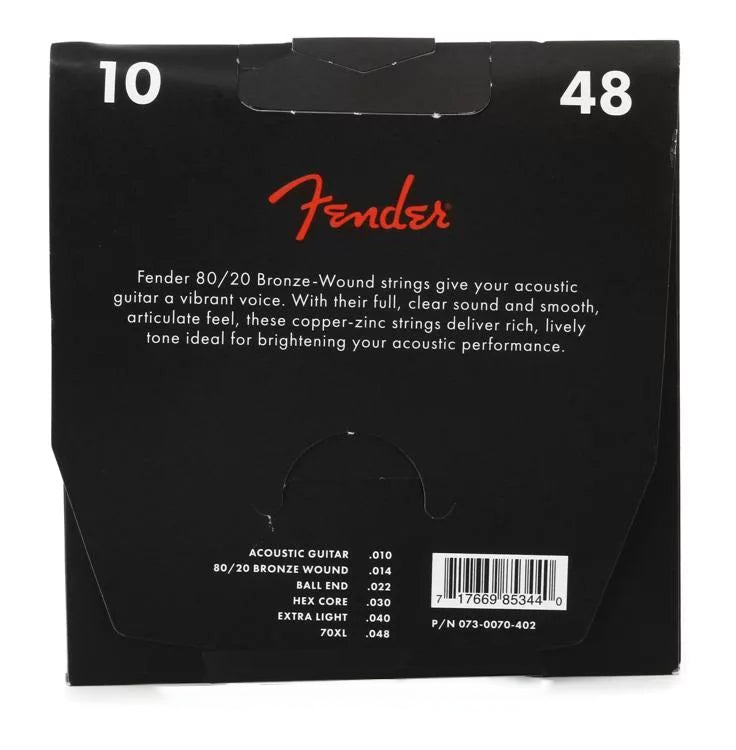 Fender 80/20 6-String Bronze Acoustic Guitar Strings with Ball-Ends (Available in Custom Light and Extra Light Gauge)