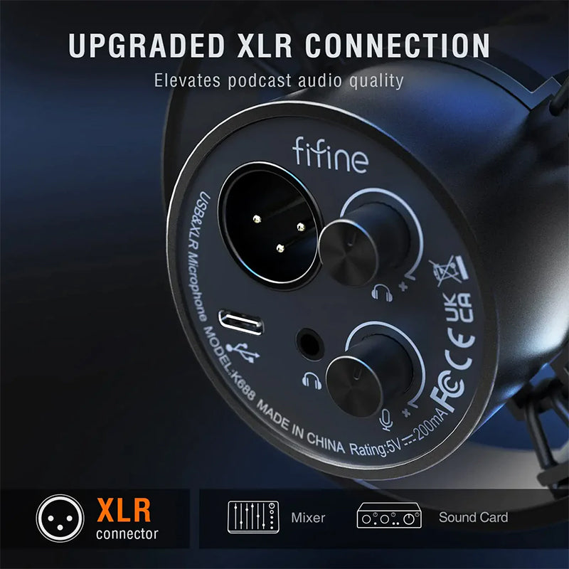 Fifine K688 USB Dynamic Cardioid Desktop XLR Microphone with Shock Mount, Volume Control and Headphone Jack for Streaming, Studio Recording, Podcasting and YouTube Videos | Black