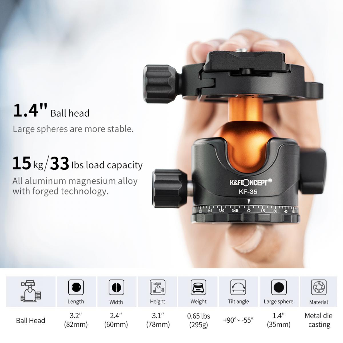 K&F Concept Mutate Series Lightweight Compact Travel Camera Tripod Aluminum Alloy with Ball Head, 1.77m Max Height, 15kg Load Capacity