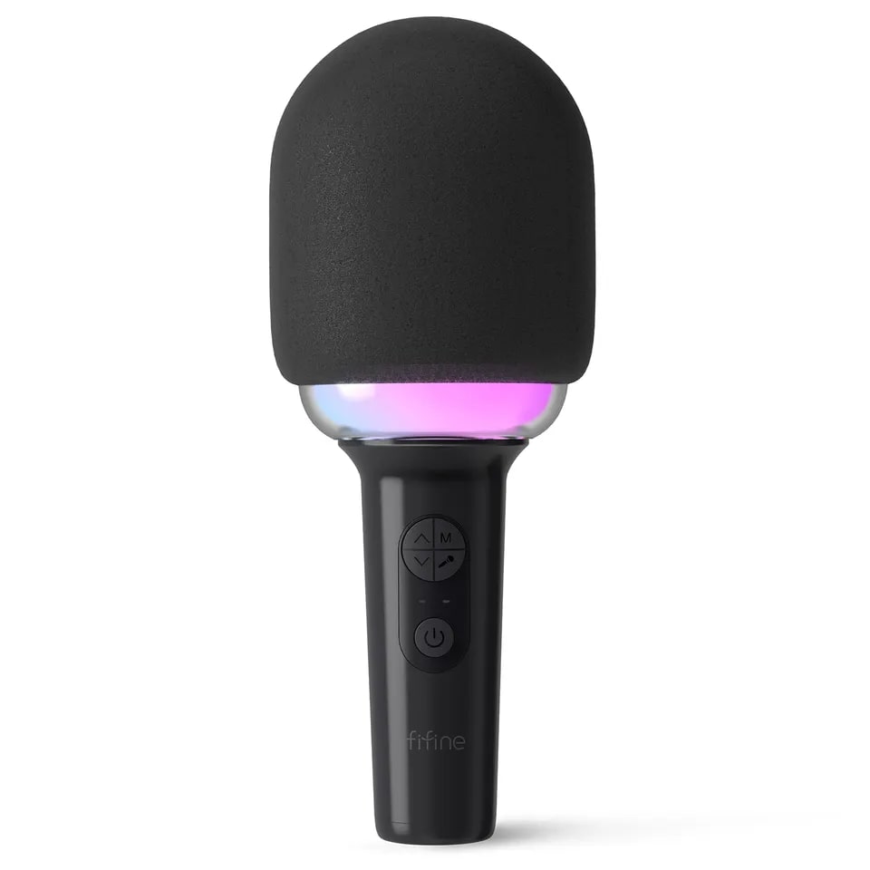 Fifine AmpliSing E2 Wireless Karaoke Microphone with Built-In Speaker, Voice Changer Presets and 5hr Rechargeable Battery for Live Performance (Black)