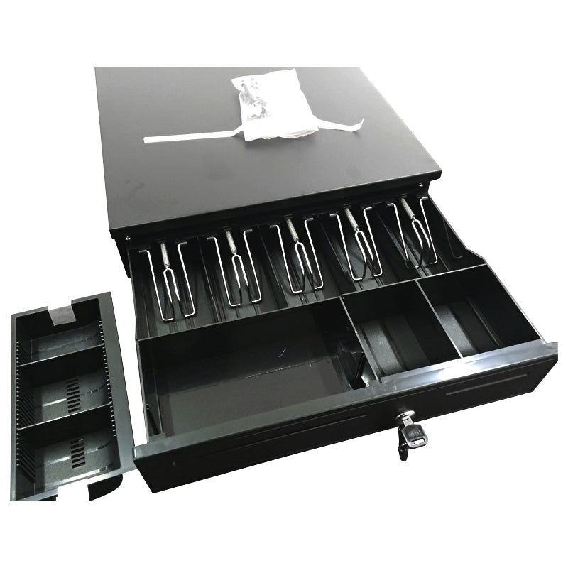 LogicOwl OJ-405B Full Metal Cash Register Drawer Box for POS Printers RJ11 | 5 Bill, 5 Coin Tray, 1 Detachable Coin Tray with 2 Keys