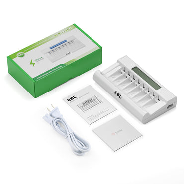 EBL TB-6076 8-Bay Smart Battery Charger with LCD Status Display, Independent Charging Slots, and Intelligent Overcurrent Protection for AA, AAA Ni-NH Rechargeable Batteries