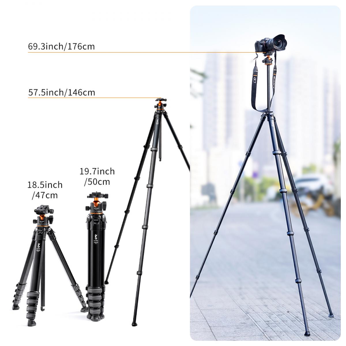 K&F Concept Mutate Series Lightweight Compact Travel Camera Tripod Aluminum Alloy with Ball Head, 1.77m Max Height, 15kg Load Capacity