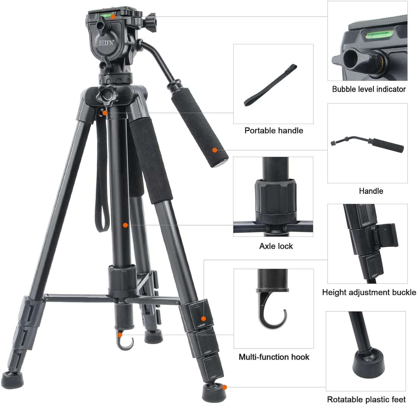 Jeifn by Zomei Q580 Professional Aluminum Camera Tripod with Detachable Monopod, 165cm Max Height, 5kg Load Capacity, Bubble Level Indicator for Photography