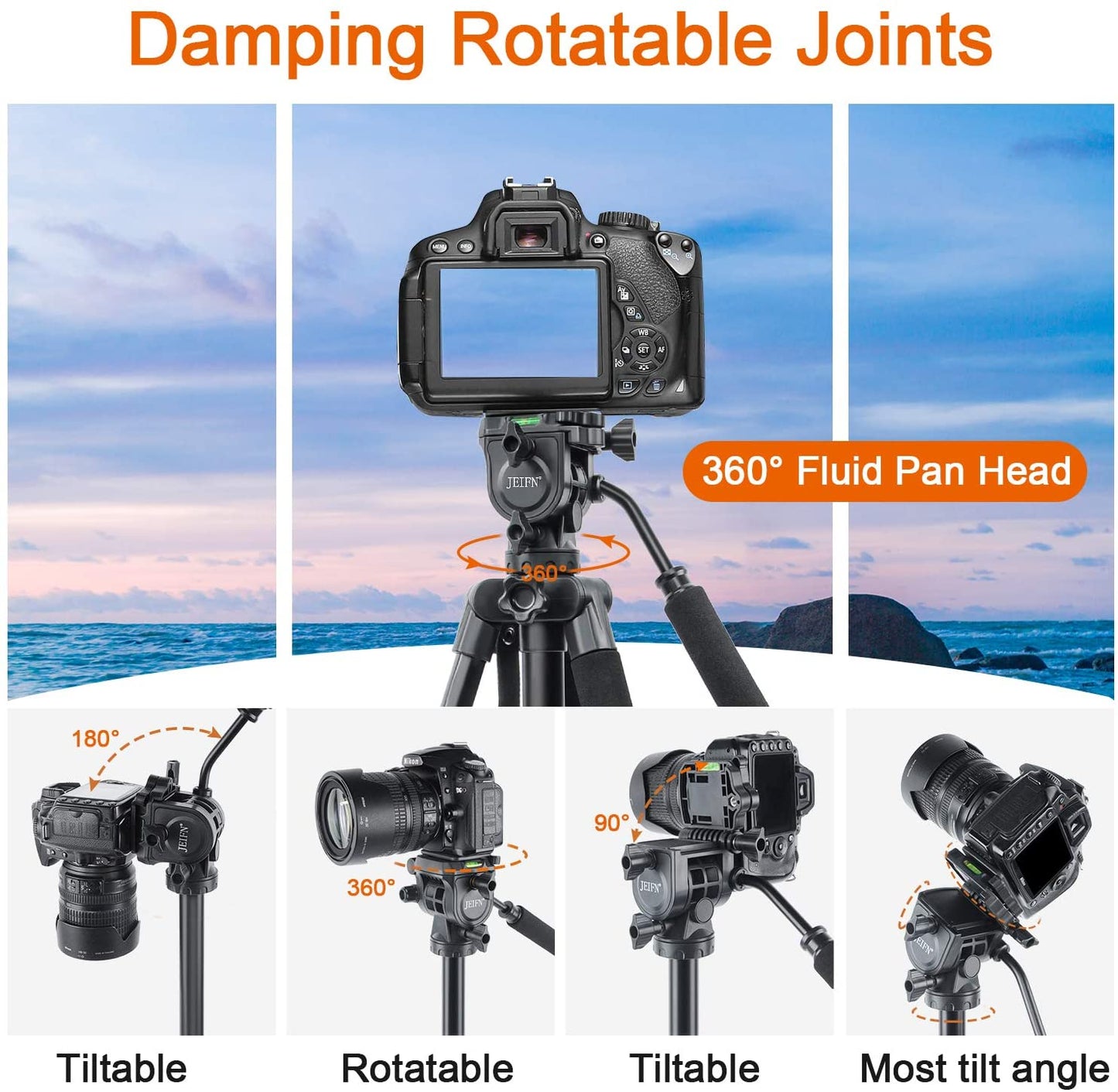 Jeifn by Zomei Q580 Professional Aluminum Camera Tripod with Detachable Monopod, 165cm Max Height, 5kg Load Capacity, Bubble Level Indicator for Photography