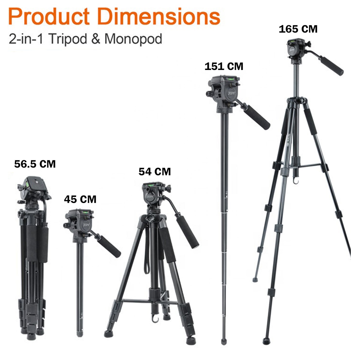 Jeifn by Zomei Q580 Professional Aluminum Camera Tripod with Detachable Monopod, 165cm Max Height, 5kg Load Capacity, Bubble Level Indicator for Photography