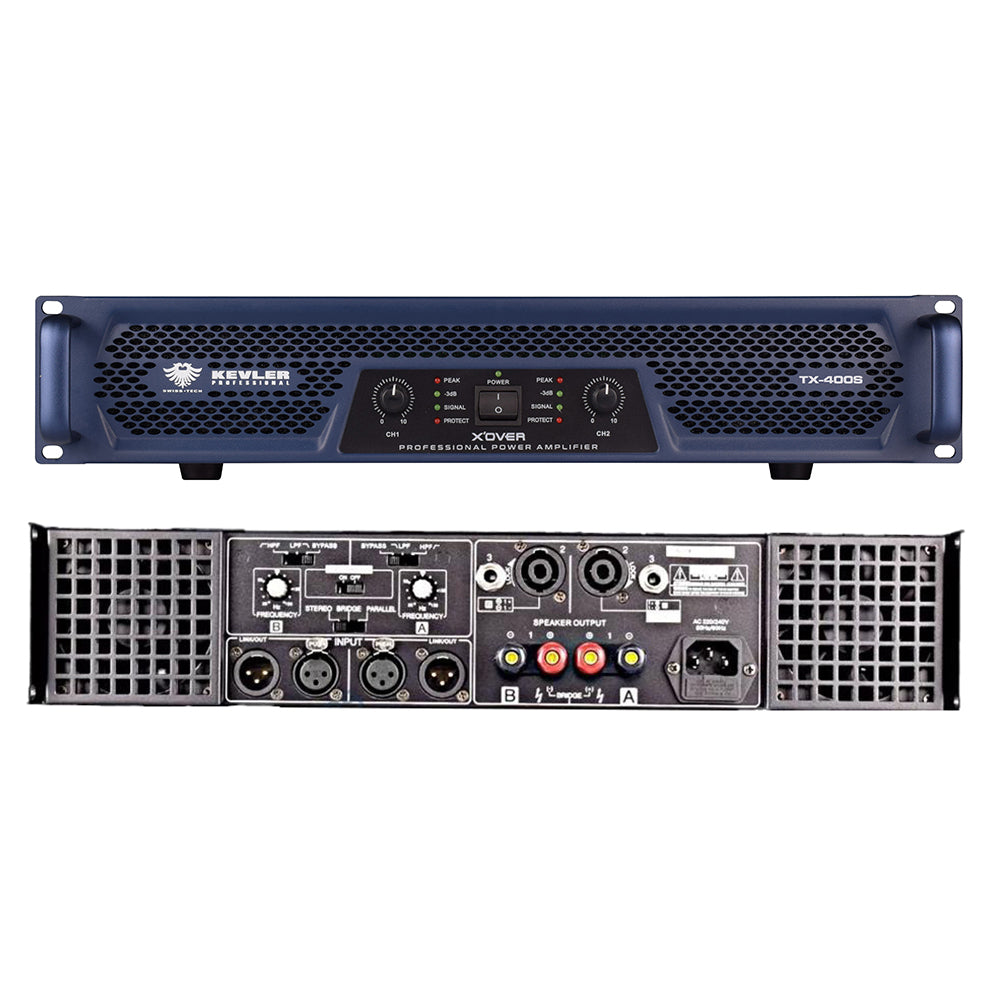 KEVLER TX Series 200W / 400W  X'Over Professional Class AB 2-Channel Bridgeable High Power Amplifier with Crossover Functions, Adjustable Frequency, Lowpass & Highpass Filter Switch | TX-200S, TX-400S