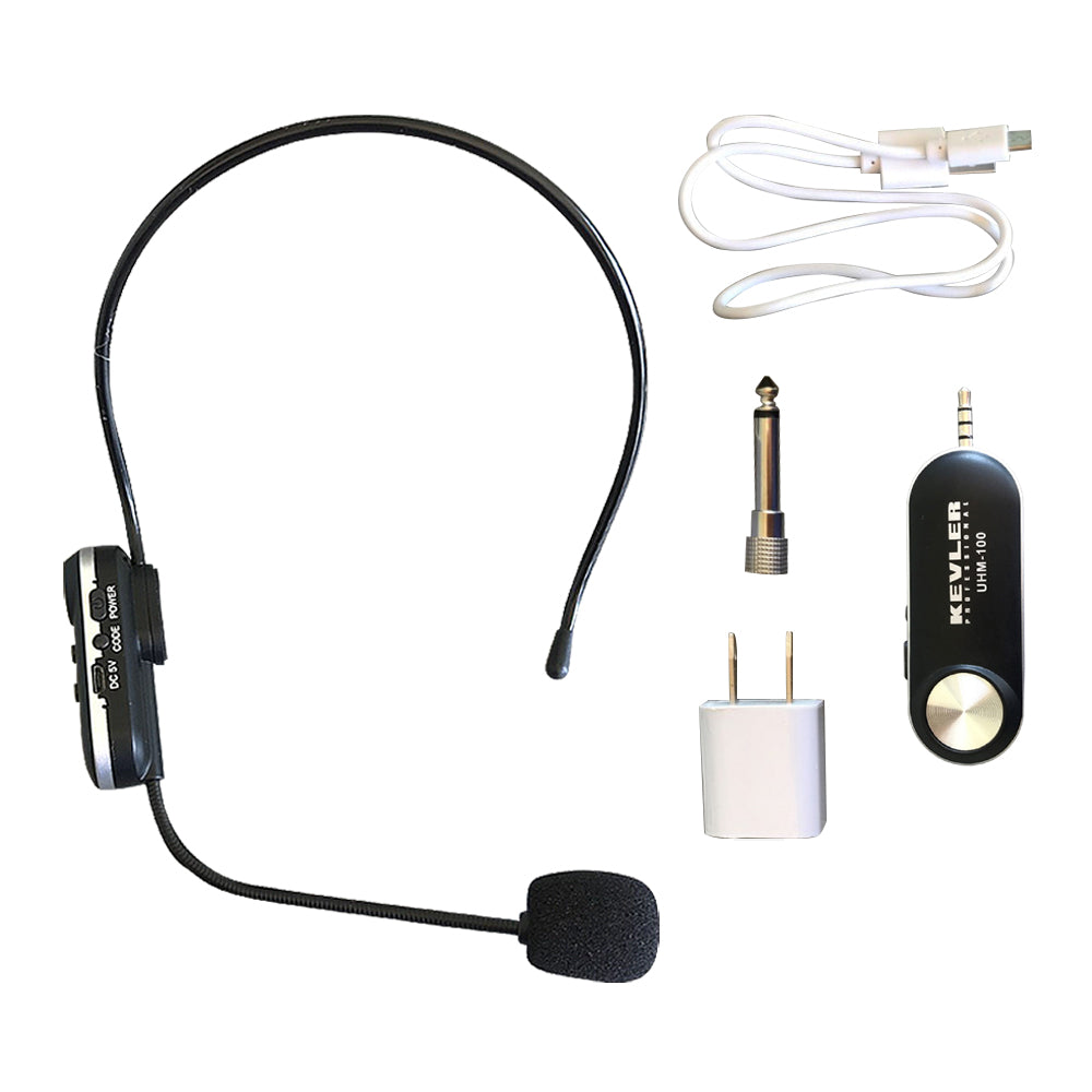 KEVLER UHM-100 UHF Wireless 400mAh Rechargeable Headset Lapel Instrument Microphone with Receiver, 50Hz-15KHz Frequency Response and 20 Selectable Frequency