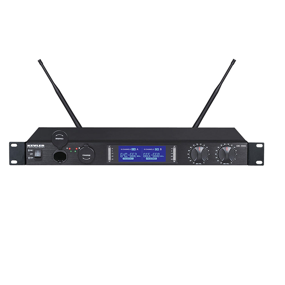 KEVLER UM-200S Dual UHF Wireless Handheld USB Rechargeable Microphone with Dual Antenna Receiving System, 2 Charging Ports, Digital LCD Display, Mountable 1U Rack, 32 Selectable Frequencies and AA Battery Holder