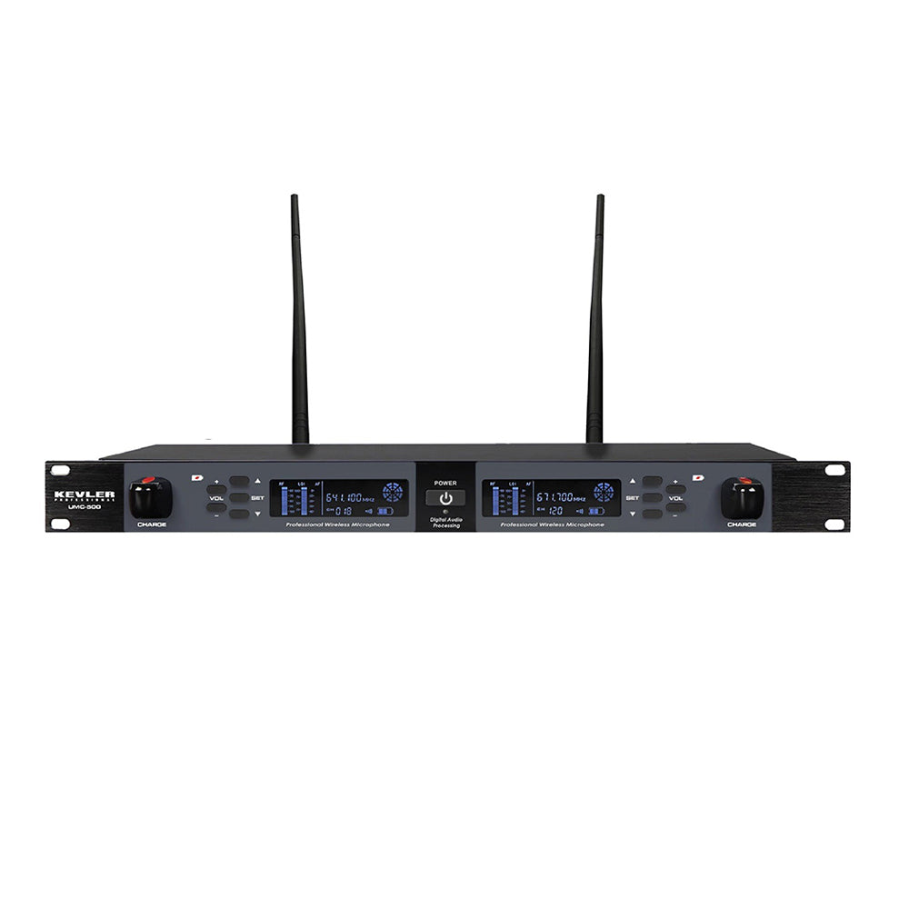 KEVLER UMC-500 Dual UHF 1100mAh Wireless Rechargeable Microphone with Dual Antenna Receiving System, Digital LCD Display, Mountable 1U Rack, 200 Selectable Frequencies Auto Frequency Search Function
