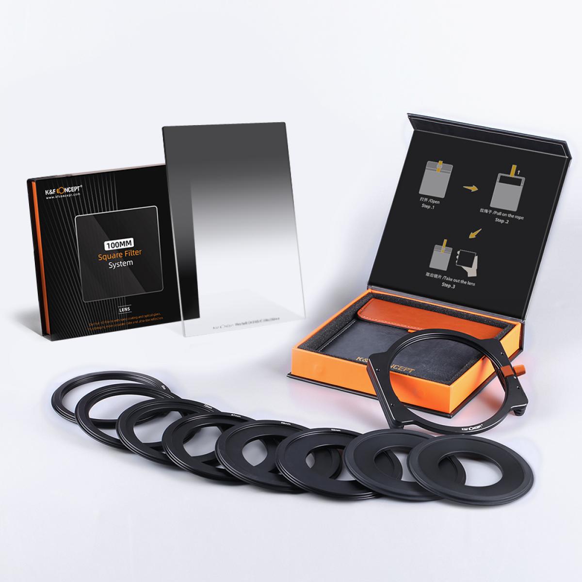 K&F Concept GND8(0.9) + 100mm Square Filter and Holder System with 100 x 150mm Square Soft Graduated ND Filter and 8 Piece Adapter Rings for Scenic and Landscape Photography | SKU-1814