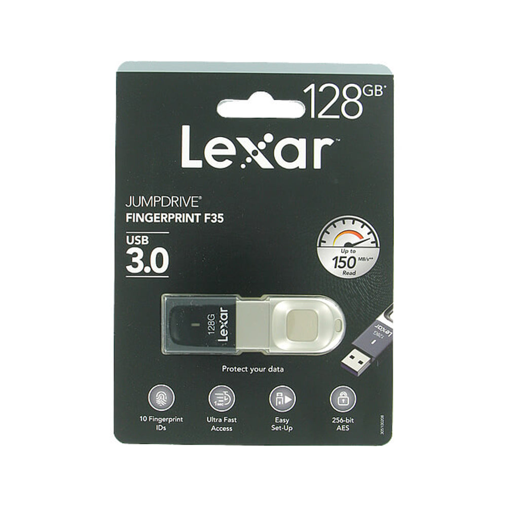Lexar JumpDrive Fingerprint F35 128GB USB 3.0 Flash Drive with 150mb/s Read Speed and 10 Fingerprint IDs for PC Computer Laptop | LJDF35-128BBK