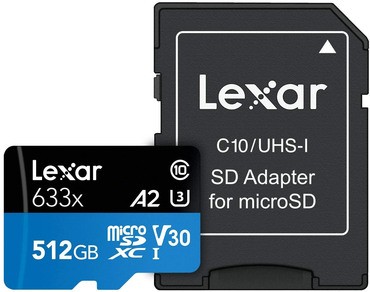 Lexar 512GB High Performance SDXC V30 633x A2 UHS-1 Class 10 Micro SD Card with 100Mb/70Mb/s Read and Write Speed and SD Card Adapter LSDMI512BB633A