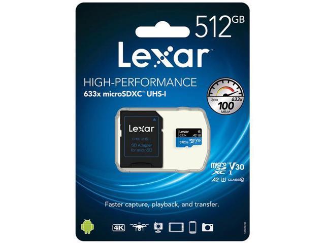 Lexar 512GB High Performance SDXC V30 633x A2 UHS-1 Class 10 Micro SD Card with 100Mb/70Mb/s Read and Write Speed and SD Card Adapter LSDMI512BB633A