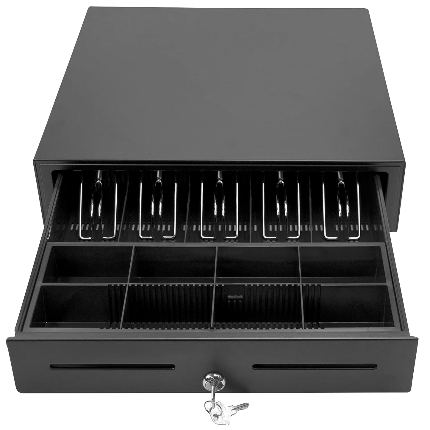 LogicOwl OJ-425 Heavy Duty Metal Cash Register Drawer Box XL with 5 Bills 8 Coins Trays, 2 Keys, RJ11 Interface Automatic Open for Grocery Store Shop Cashier Safety Money Cabinet