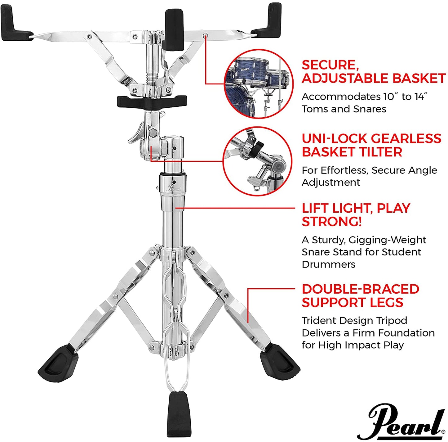 Pearl S-830 Snare Drum Stand Adjustable with Double Braced Tripod Legs, Rubber Feet, Uni-Lock Tilter for 13 to 14 inch Drums Holder Basket