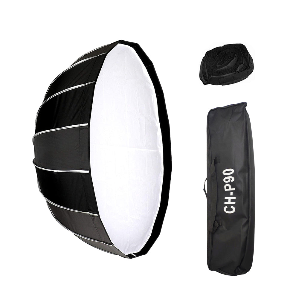 Pxel CH-P90 90cm Round Parabolic Softbox with Honeycomb Grid, Front & Inner Diffuser and Carrying Case for Bowens Mount Studio Flash | SB-GO90
