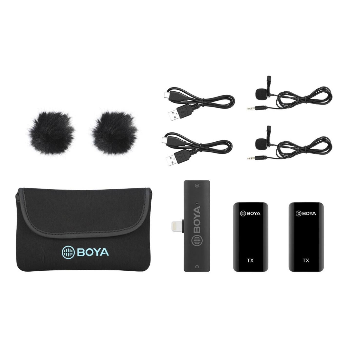 Boya BY-XM6 2.4 GHz Dual Channel Wireless Omnidirectional Microphone System with Lightning Connector, 100m Range Operation, OLED Screen | S4