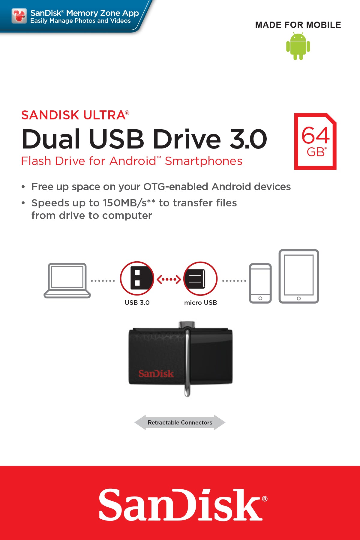 SanDisk Ultra 64GB USB 3.0 Flash Drive to Micro USB OTG for Smartphones (BLACK) | Model - SDDD2-064G-GAM46