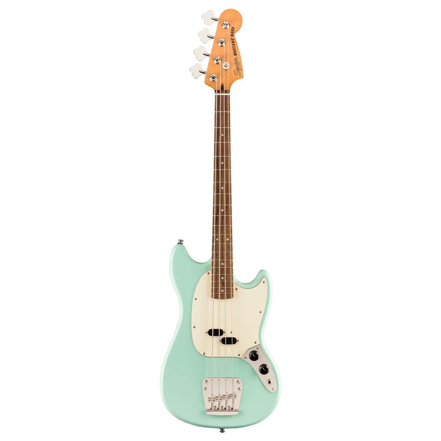 Squier by Fender Classic Vibe '60s Mustang Bass Electric Guitar Vintage Style LRL with Split Coil Pickup, Nickel Plated Hardware (White, Green)