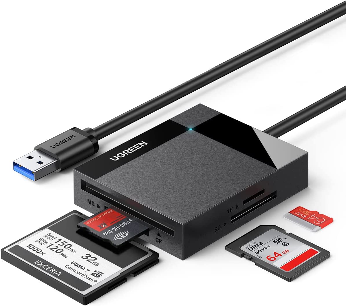 UGREEN 4-in-1 USB 3.0 SD/TF Card Reader with MS and CF Card Slots, GL3223 Smart Chip and 5Gbps Transfer Speed | 30333