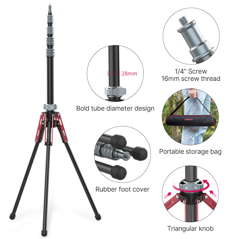 Ulanzi MT-49 Carbon Fiber Portable Camera Tripod / Light Stand with 194cm Max Height, Mid-Axis Detachable Monopod for Professional Photography