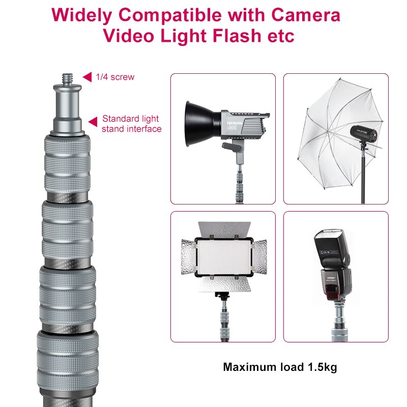 Ulanzi MT-49 Carbon Fiber Portable Camera Tripod / Light Stand with 194cm Max Height, Mid-Axis Detachable Monopod for Professional Photography