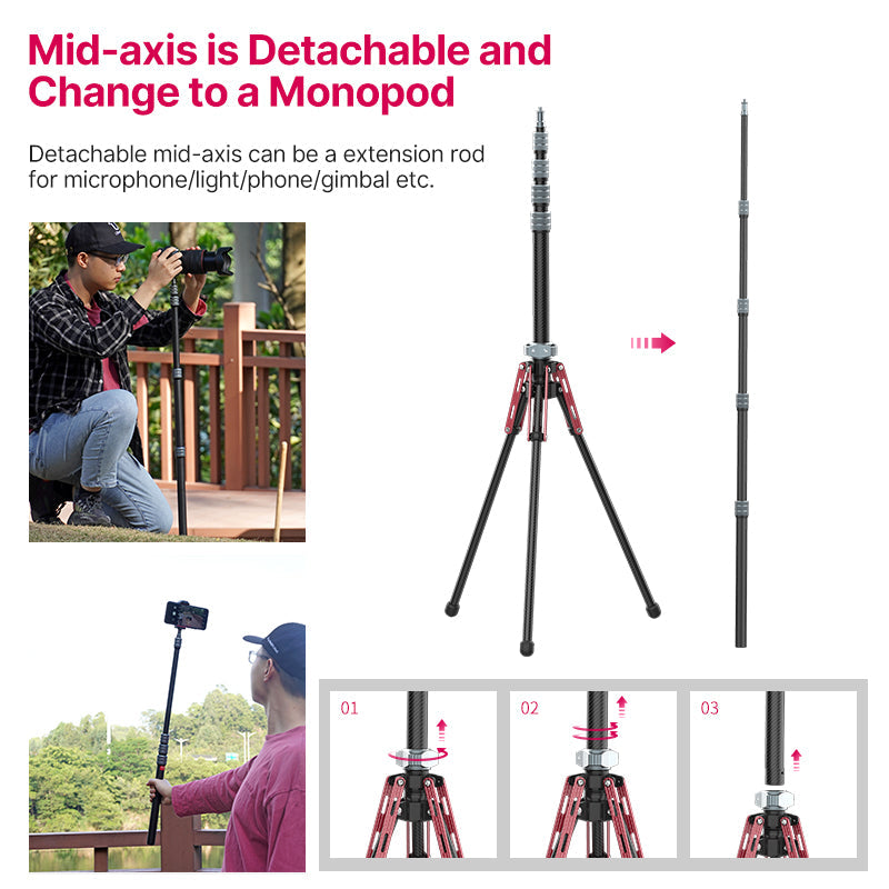 Ulanzi MT-49 Carbon Fiber Portable Camera Tripod / Light Stand with 194cm Max Height, Mid-Axis Detachable Monopod for Professional Photography