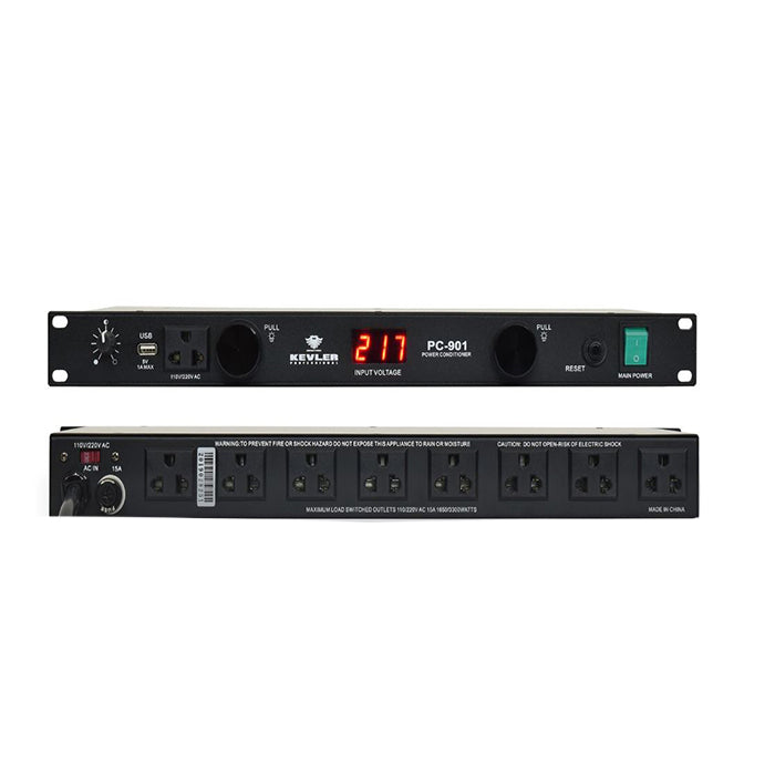 KEVLER PC901 9-Outlet Socket Power Conditioner Processor with USB Port, Line Voltage and Voltmeter LCD Display, Circuit Breaker, 2 Rectractable Dimmer Controls and Spike / Surge Protection