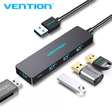 Vention 4-Port High Speed USB 3.0 Nickel Plated 0.15-Meter Hub with 5Gbps Transfer Speed and LED Indicator for Keyboards, Mouse, Flash Drive | CHKBB