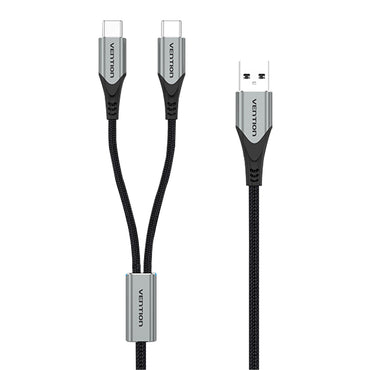 Vention USB 2.0 A Male to Dual USB Type-C Male Braided 1-Meter Nickel Plated Y-Splitter Data and Charging Cable for Smartphones, Tablets (CQOHF)
