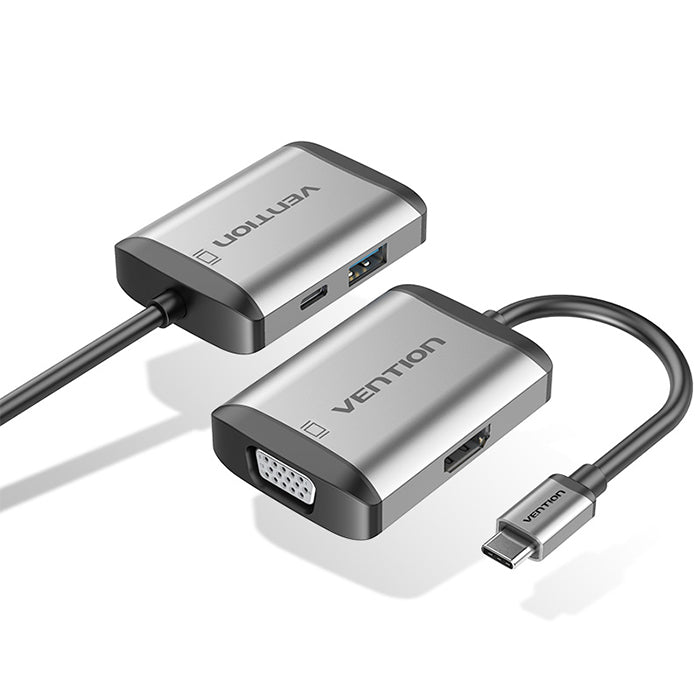 Vention 4-In-1 Type-C Hub to HDMI. VGA, USB 3.0 Charging Power Delivery 1080P 30Hz for Laptop, Desktop, Tablet, Phone, (Gray) | TFAHB