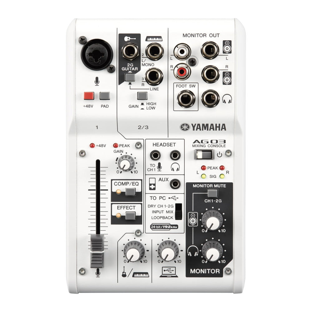 Yamaha AG03 Multipurpose 3-Channel Audio Mixer Interface w/ Recording and Playback, 1 Touch DSP Control Effects & XLR 3 Pin, 6.35mm 3.5mm TRS AUX, and RCA Connectors for Audio & Sound Production, Streaming
