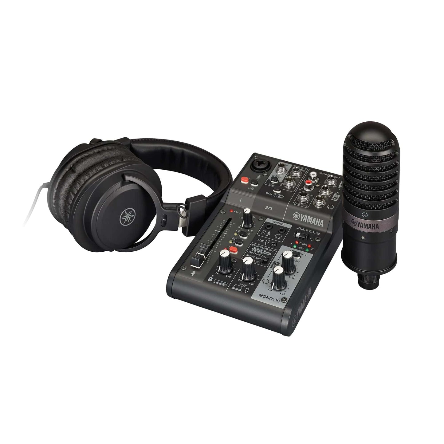 Yamaha AG03 MKII Mark II 3-Channel Livestream Set Pack Bundle with Multipurpose Mixer USB Audio Interface, YH-MT1 Monitoring Headphones, and YCM01 Condenser Microphone for Audio and Music Recording and Production | AG03 MK2 PACK