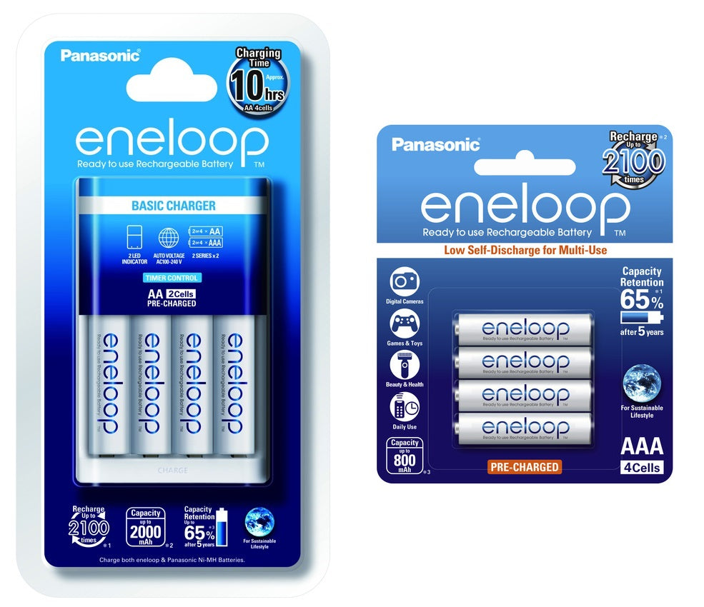 Panasonic, Eneloop AA NiMH 4-Pack with AC Charger (2000 mAh, 100-240V)