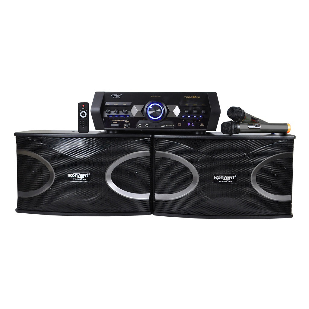 Konzert TodoOke KCS-312 3500W 10" 2-Way Woofer Micro Component Karaoke Speaker System (SET) with 2 Channel Output, Bluetooth, 2 UHF Wireless Mic / USB / SD Card Slot and FM Radio Tuner with RCA and 4 Mic Input and Remote Control