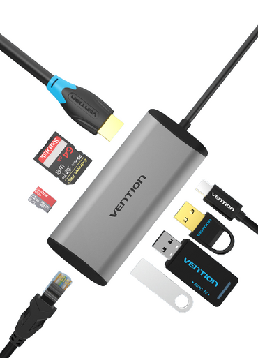 Vention USB-C to HDMI / USB3.0x3 / RJ45 / TF / SD / PD Docking Station Converter 4K 30Hz 1000Mbps Tinned Copper Adapter (CND)